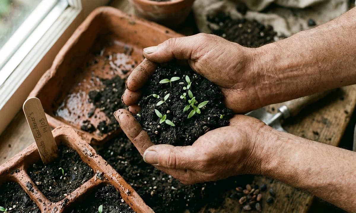 Close-up of working hands cupping rich dark loamy garden soil with small green seedlings emerging
