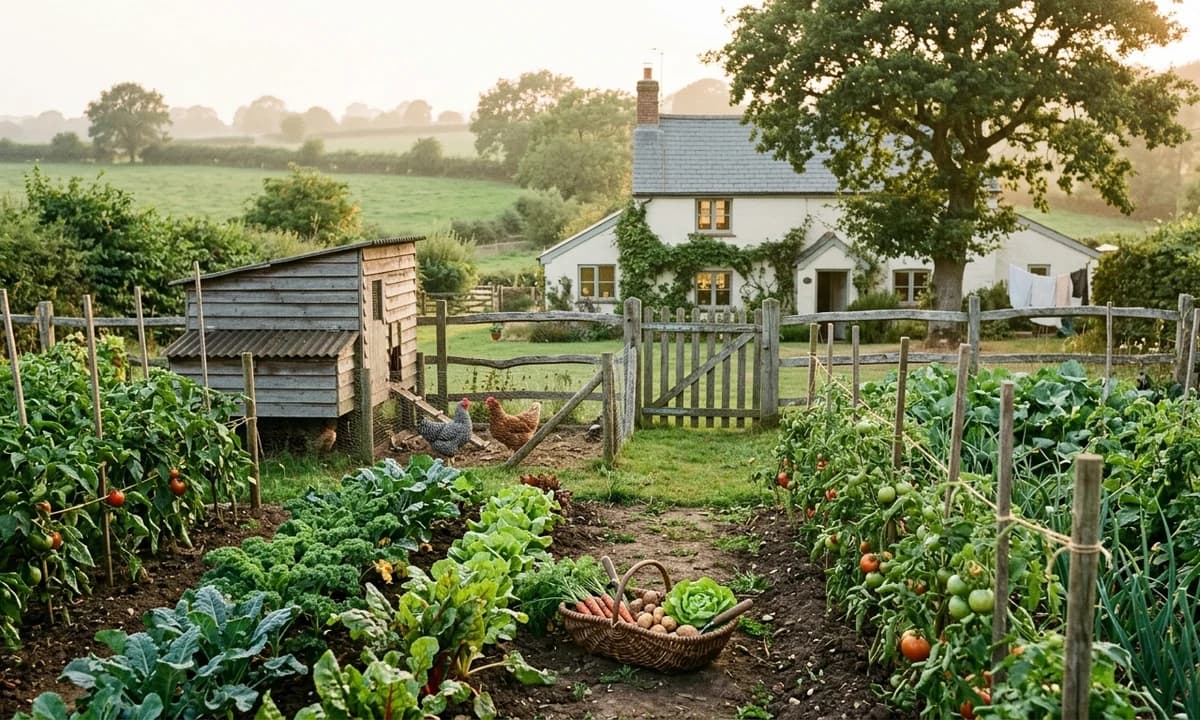 Warm golden hour editorial photograph of a small homestead with a vegetable garden, chicken coop and farmhouse