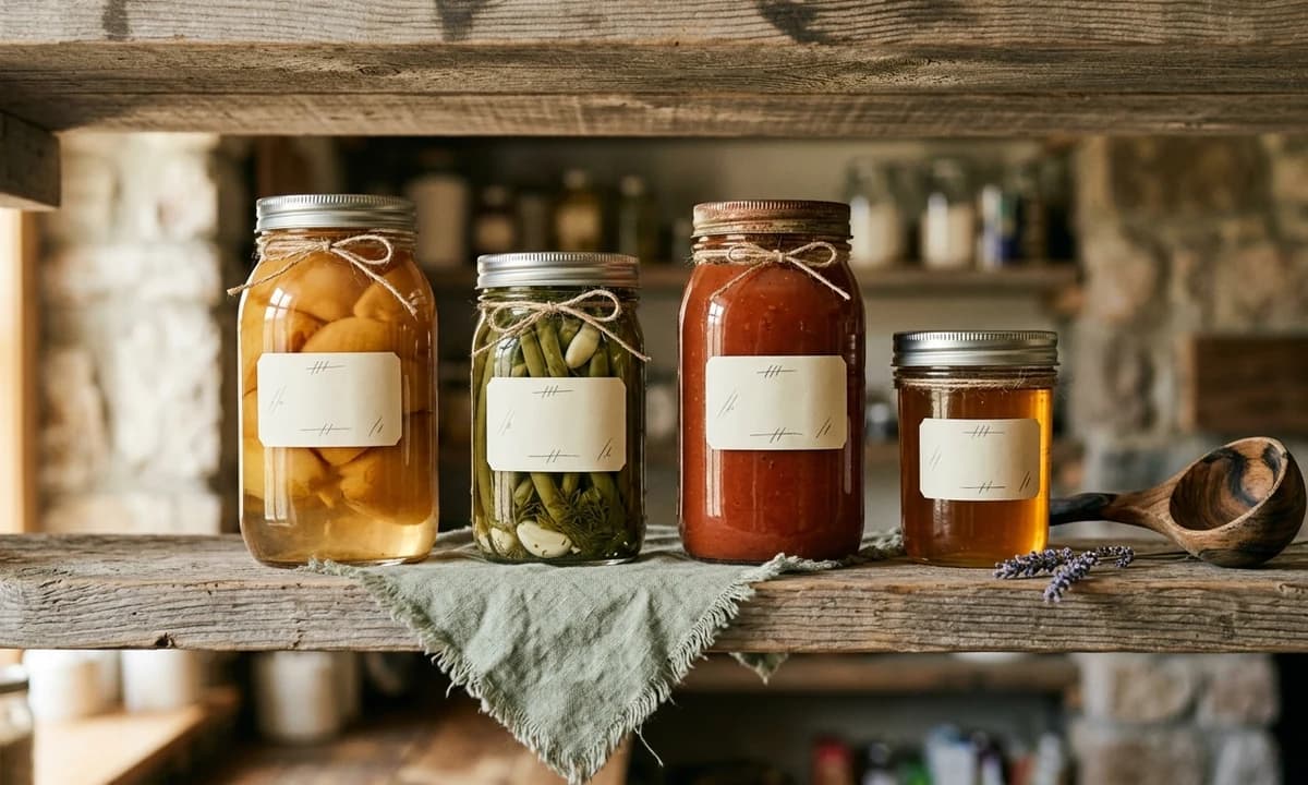 Editorial photograph of a rustic pantry shelf with home-canned mason jars of peaches, beans, tomato sauce, and honey