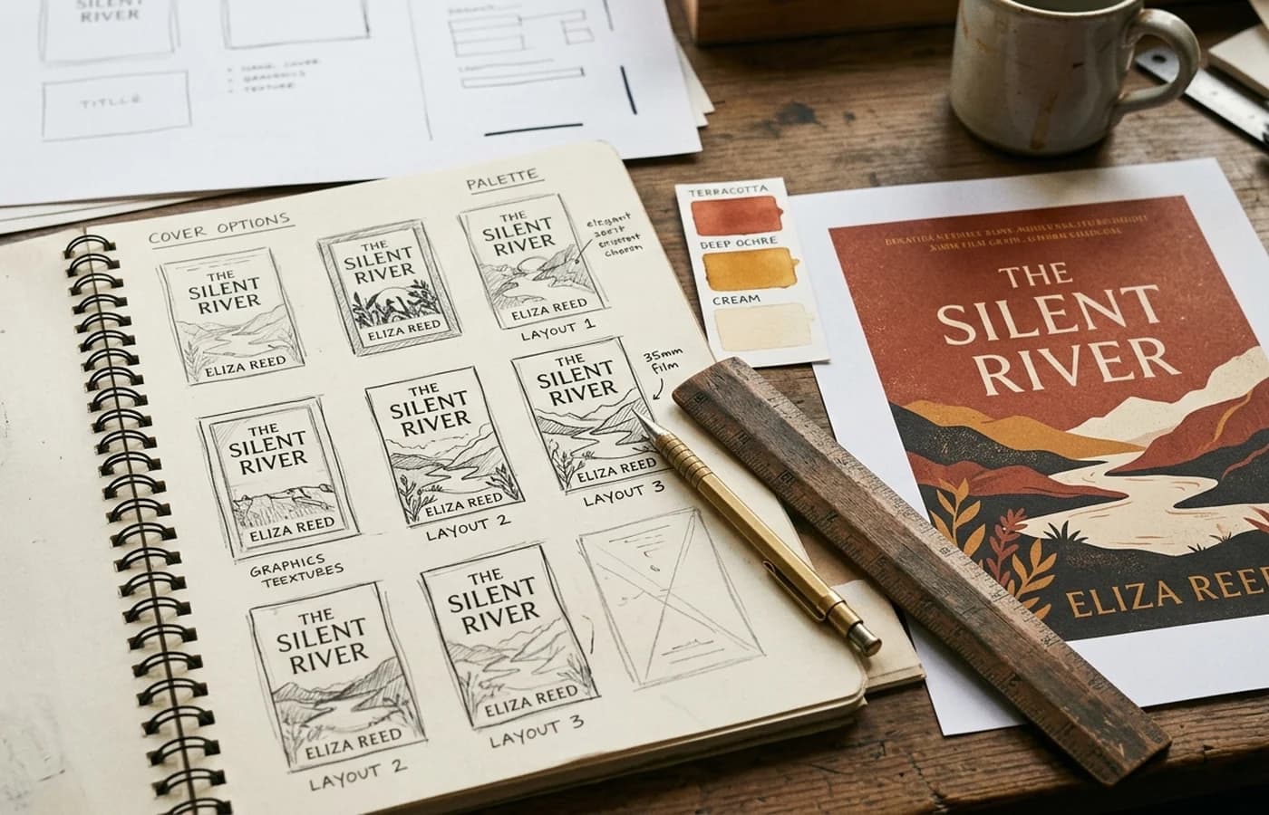 Overhead photograph of a designer\'s process sketches in a notebook beside a finished printed book cover proof and color swatches