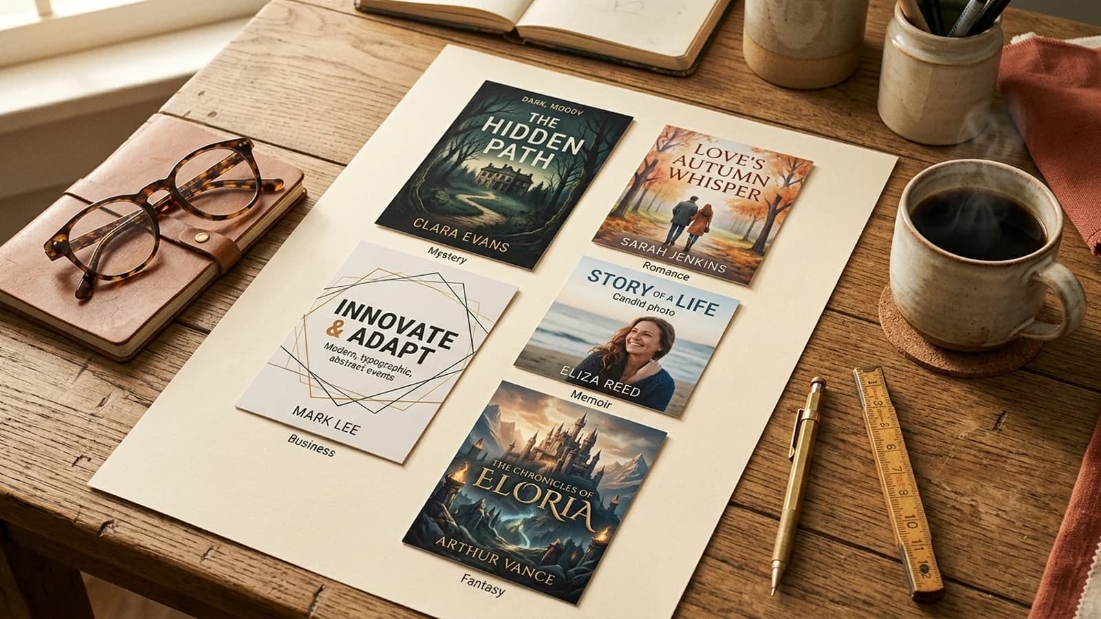 Editorial overhead photograph of a designer's desk with five printed book cover proofs across different genres arranged on warm cream paper