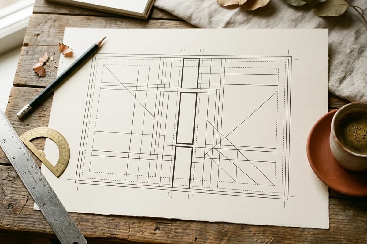 Designer's workspace showing a KDP full wrap cover template diagram with ruler and pencil