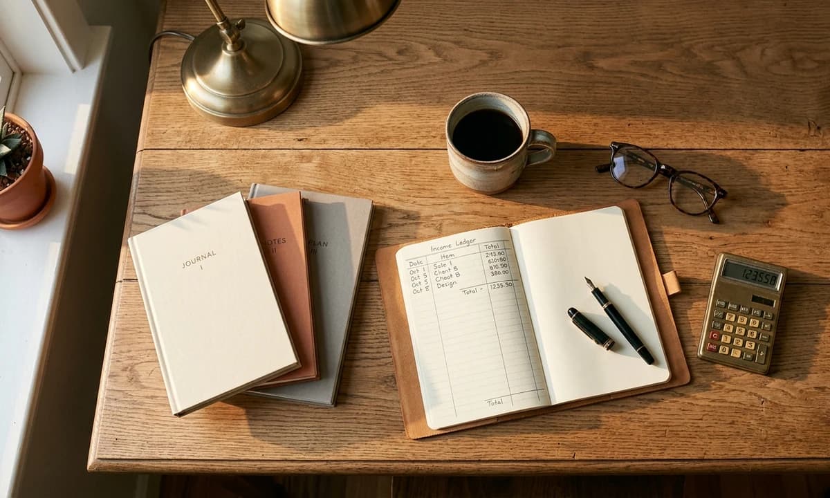 Warm overhead desk scene with a notebook ledger, vintage calculator, paperback books and a brass lamp, representing realistic Amazon KDP income planning