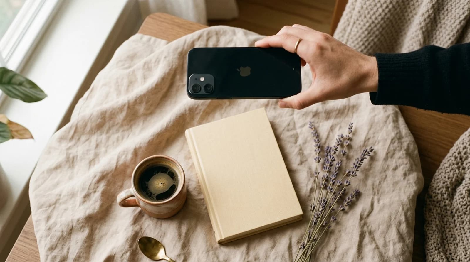 Bookstagram flat lay being photographed from above by a smartphone, with a paperback book, ceramic coffee mug, dried lavender, and linen backdrop in warm window light