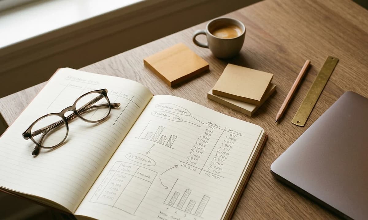 Editorial overhead photograph of a warm research desk with an open notebook of hand-drawn charts, a pencil, sticky notes and a brass ruler representing systematic KDP niche research