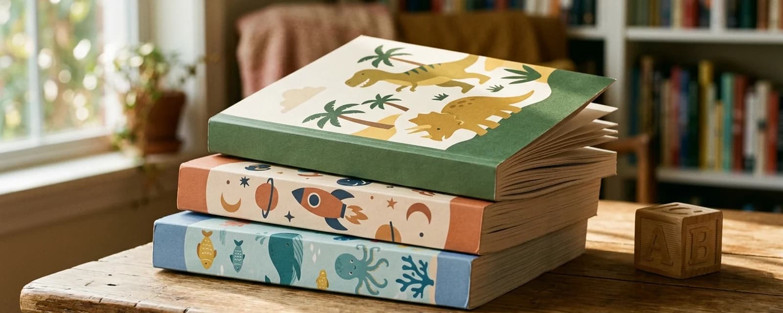 Three stacked children's word search paperback books with abstract covers showing dinosaur, rocket, and ocean themes