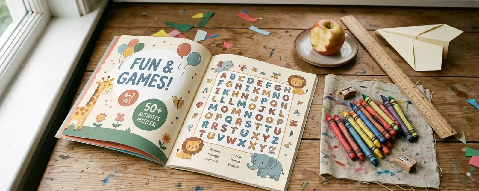 Child craft desk with open kids word search activity book showing chunky grid letters and cartoon animal illustrations, surrounded by crayons and a paper airplane