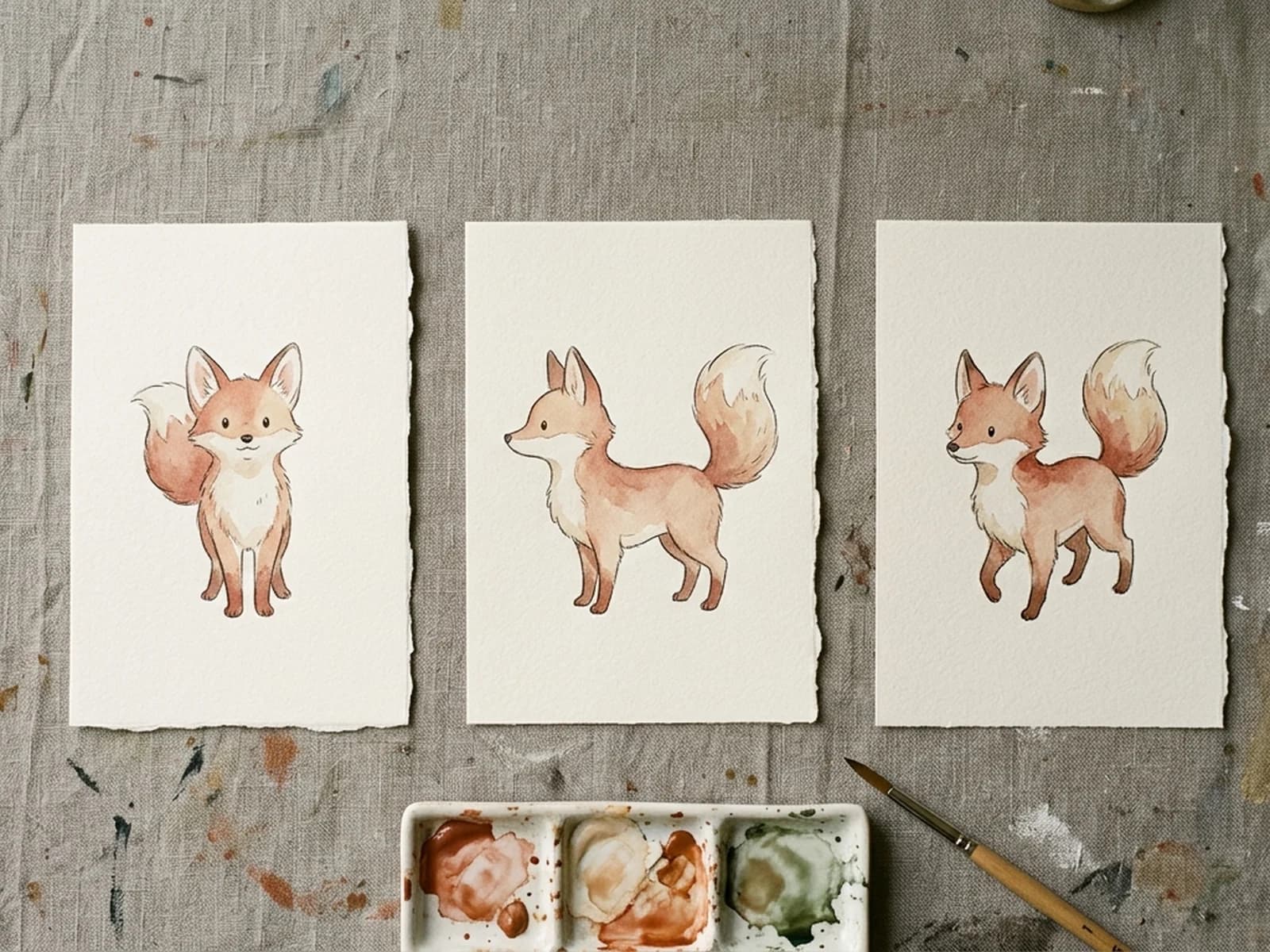 Three character-design reference cards laid in a row showing the same fox-like creature in front, side, and three-quarter views, painted in muted terracotta and cream