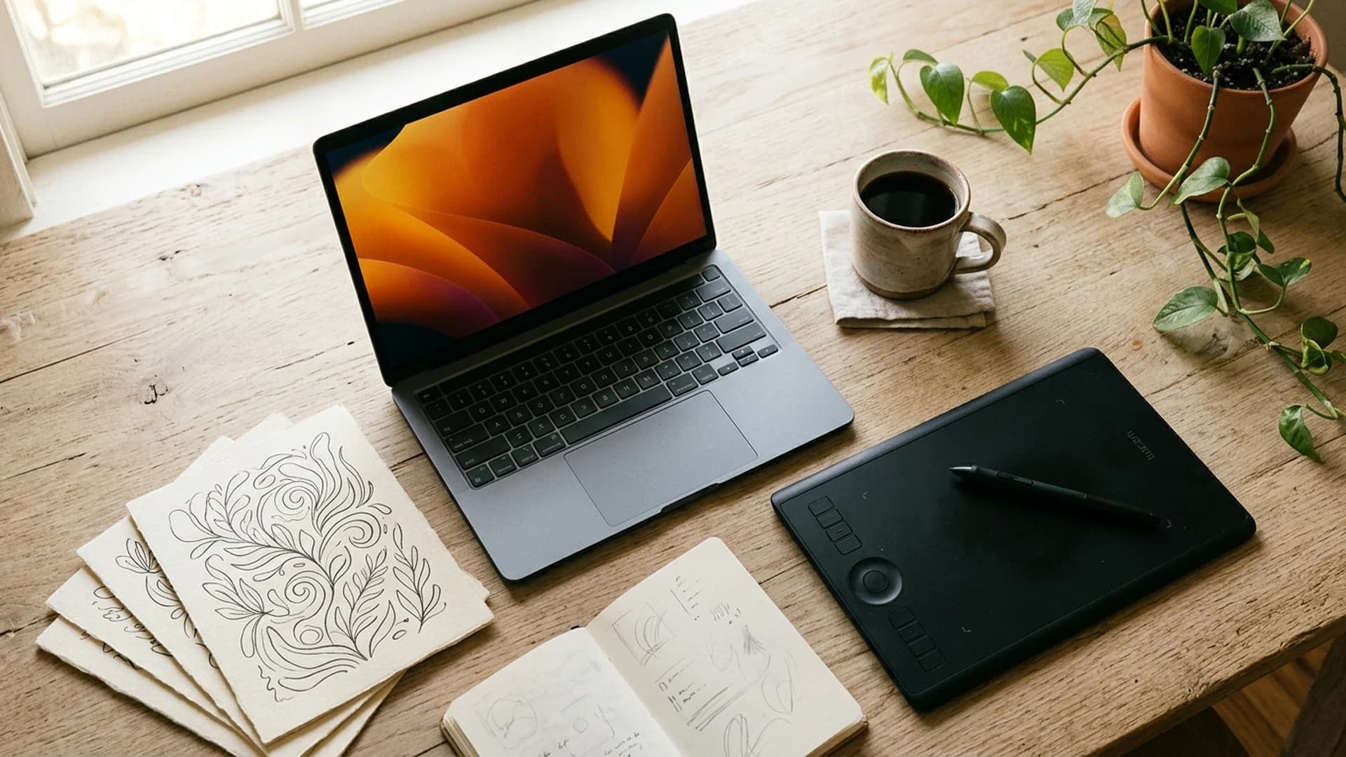 Editorial flat-lay of an AI artist workstation with a matte laptop, drawing tablet, stack of printed line-art coloring pages, and a warm coffee mug in soft window light