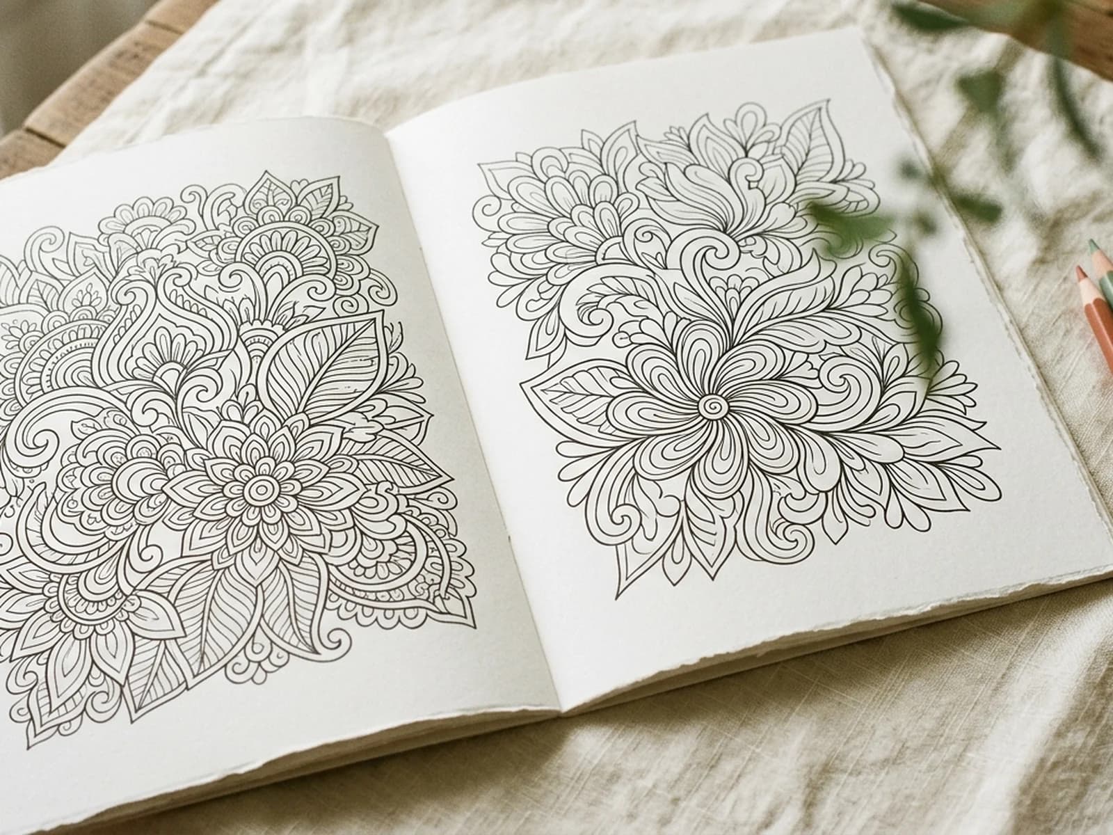 Close-up of two printed coloring book pages with abstract botanical line art on cream linen, with warm colored pencils beside them