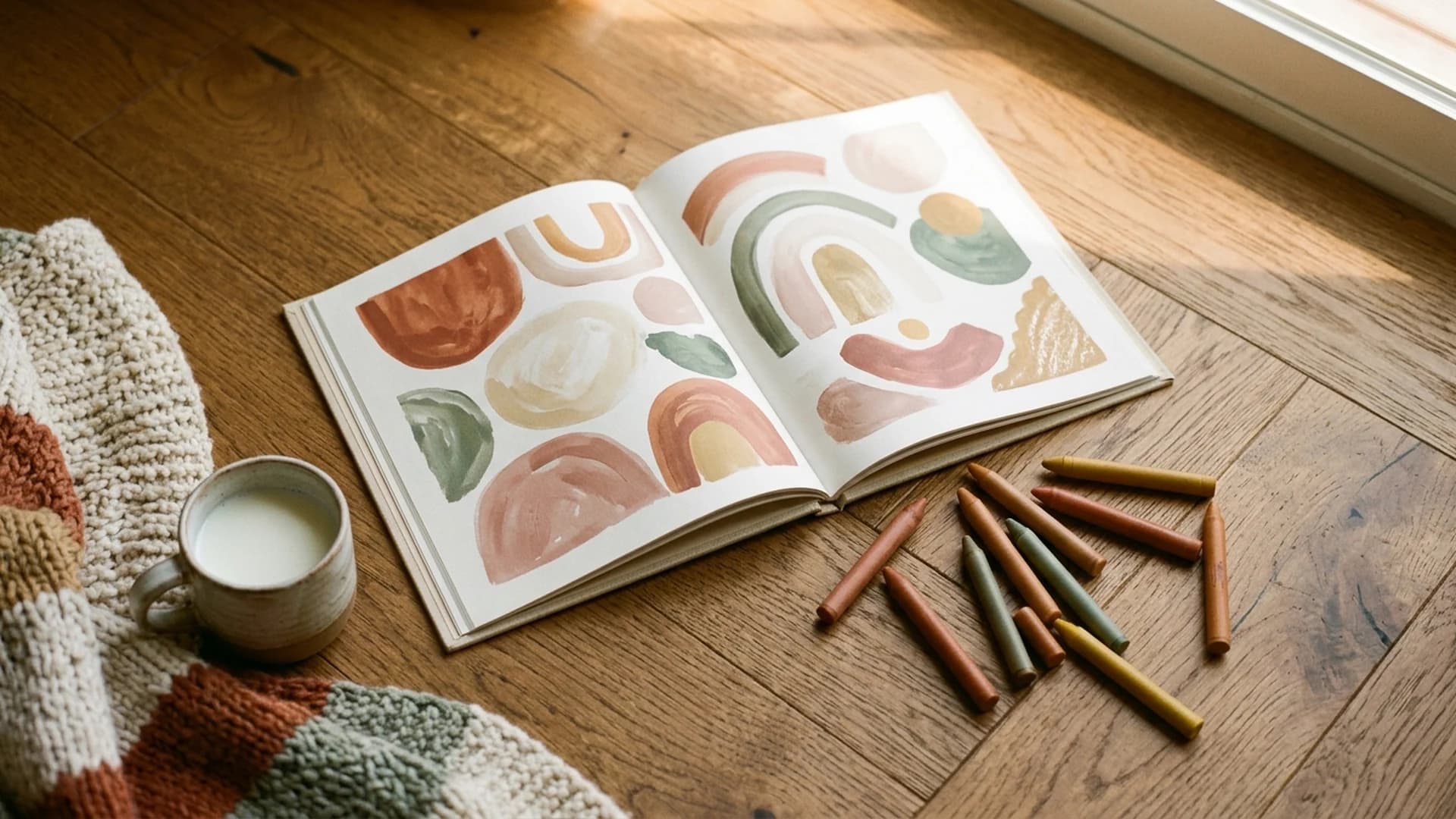 Editorial overhead still life of an open children's picture book on warm oak floor with scattered crayons, a mug of milk, and a folded knit blanket in late afternoon light