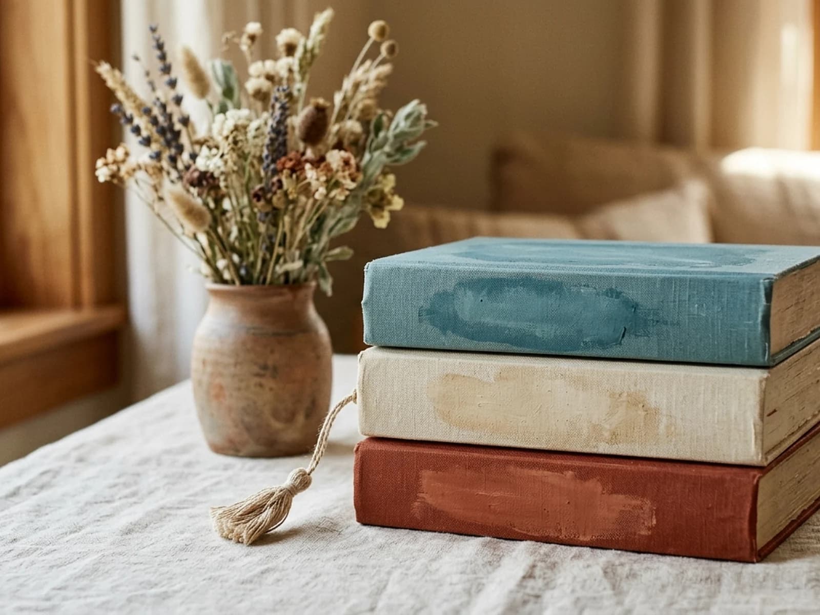 Three children's picture books standing upright on pale linen with a small clay vase of dried wildflowers behind, in warm window light