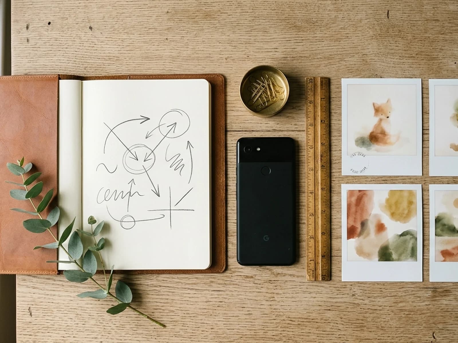 Overhead flat-lay of a marketing planner with a leather notebook, smartphone face-down, polaroid prints of picture book illustrations, and a sprig of eucalyptus