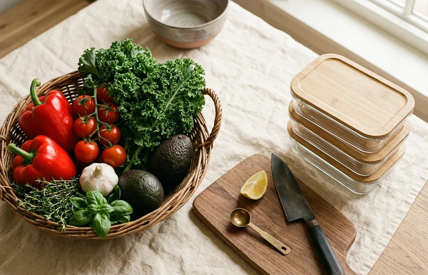 Overhead view of fresh produce, glass meal-prep containers, a wooden cutting board, and brass measuring spoons arranged on warm cream linen
