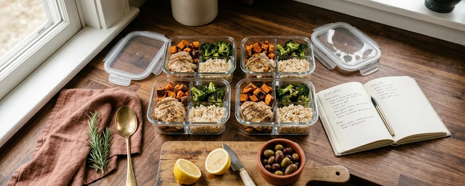 Overhead flat lay of a Sunday meal prep scene with glass containers of portioned chicken, sweet potato, broccoli, and rice, with a recipe notebook and fresh herbs on a warm wood counter