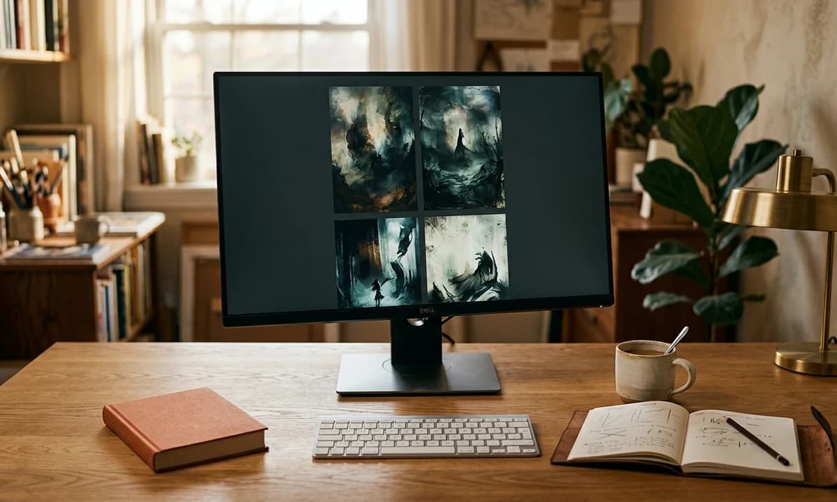Editorial photograph of a designer workstation with a monitor showing four in-progress AI book cover compositions