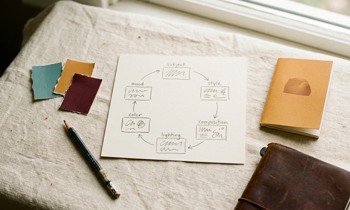 Top-down editorial photograph of a designer reference card with a hand-drawn six-part prompt diagram and color swatches
