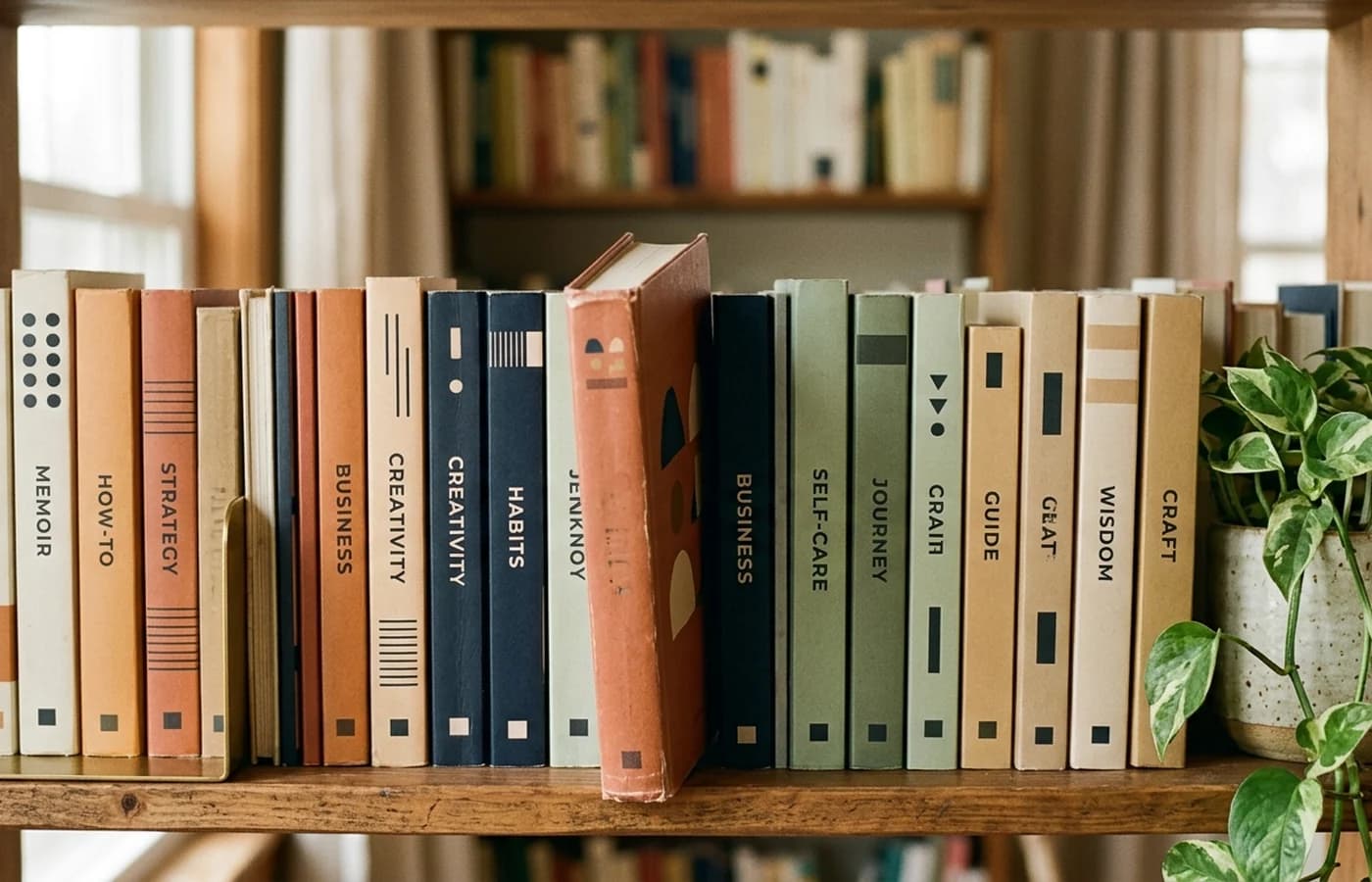 A warm home library bookshelf showing nonfiction paperbacks in muted earth tones with brass bookends and a small ceramic planter