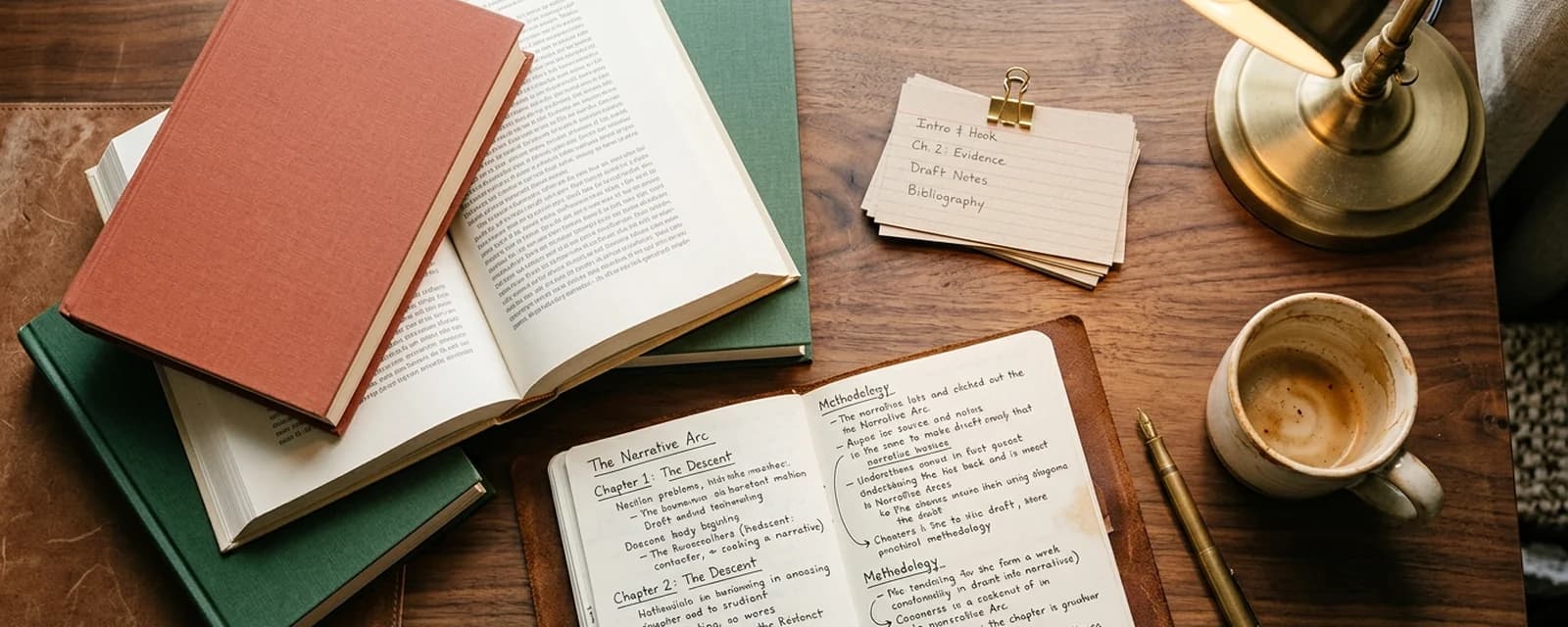 Editorial flat lay of a nonfiction author desk with stacked books, leather notebook, brass lamp and a half-drunk coffee mug