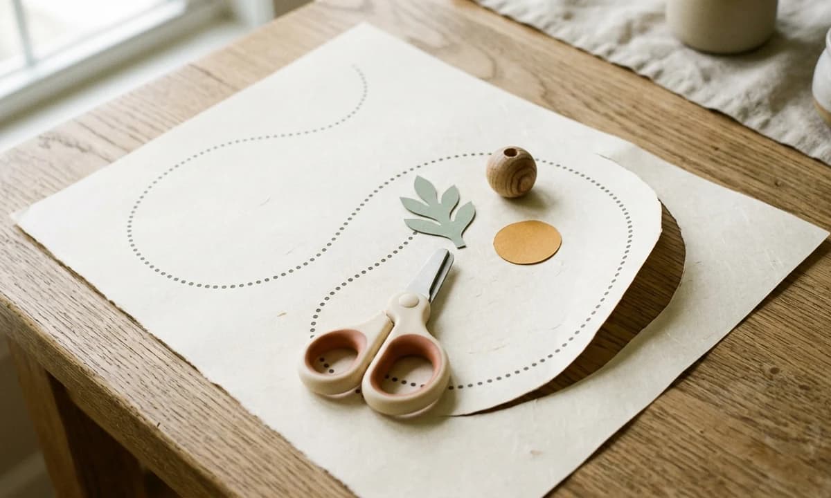 A preschool fine-motor practice page with dotted cutting lines, child-safe scissors, and small paper shape cutouts on cream paper