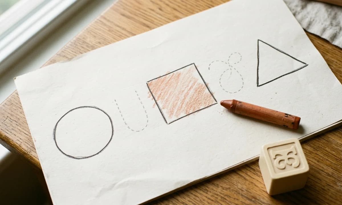 Close-up of a preschool workbook page showing three large outline shapes with dotted pre-writing curves and a wooden crayon resting alongside