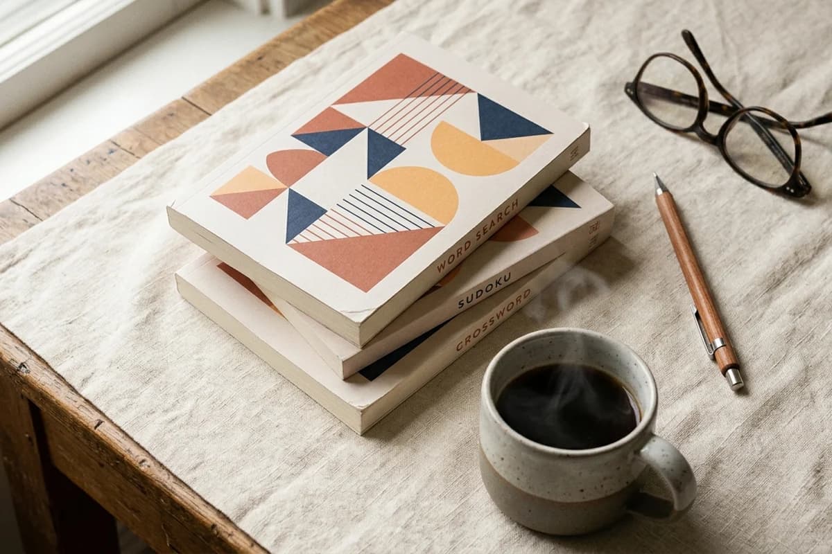 Three paperback puzzle books stacked on a warm cream linen desk beside reading glasses, a wooden pencil and a mug of coffee