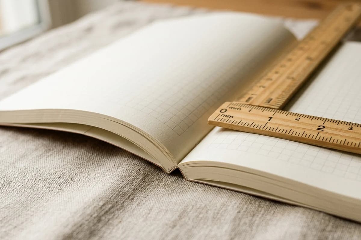 Macro view of the gutter and inside margin of an open paperback book with a wooden ruler measuring the margin