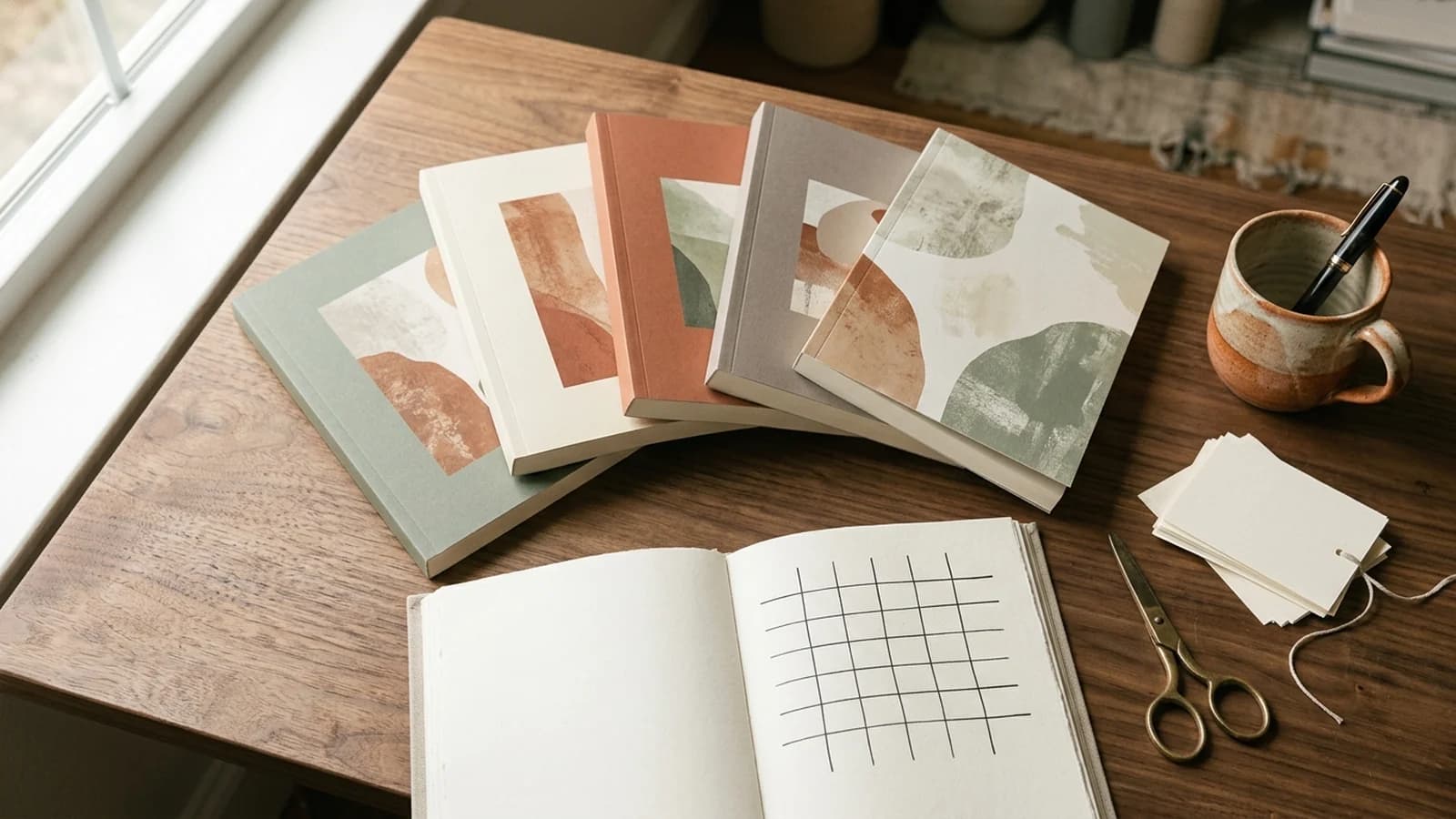 Five paperback book mockups fanned across a wooden desk with a notebook and brass scissors, representing competitor keyword harvesting
