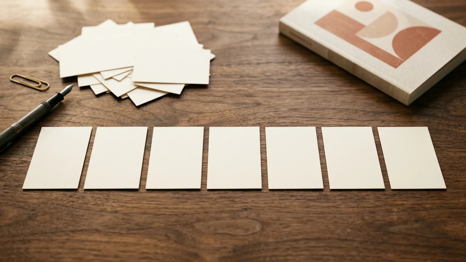 Seven blank cream index cards arranged in a row with a pile of candidate cards above, representing keyword scoring and slot assignment