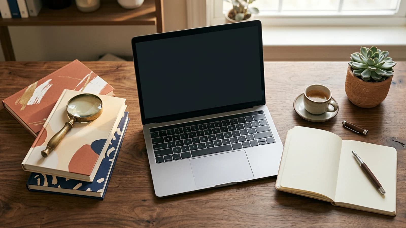Editorial overhead view of an analyst desk with laptop, magnifying glass, stacked paperback book mockups, and a paper notebook