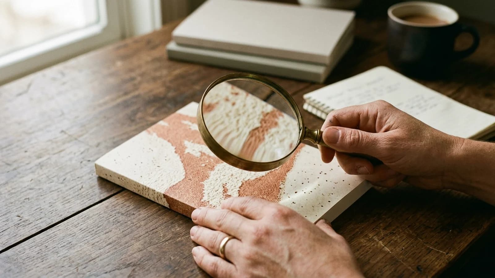 A close-up of hands holding a brass magnifying glass over a paperback book on a wooden desk