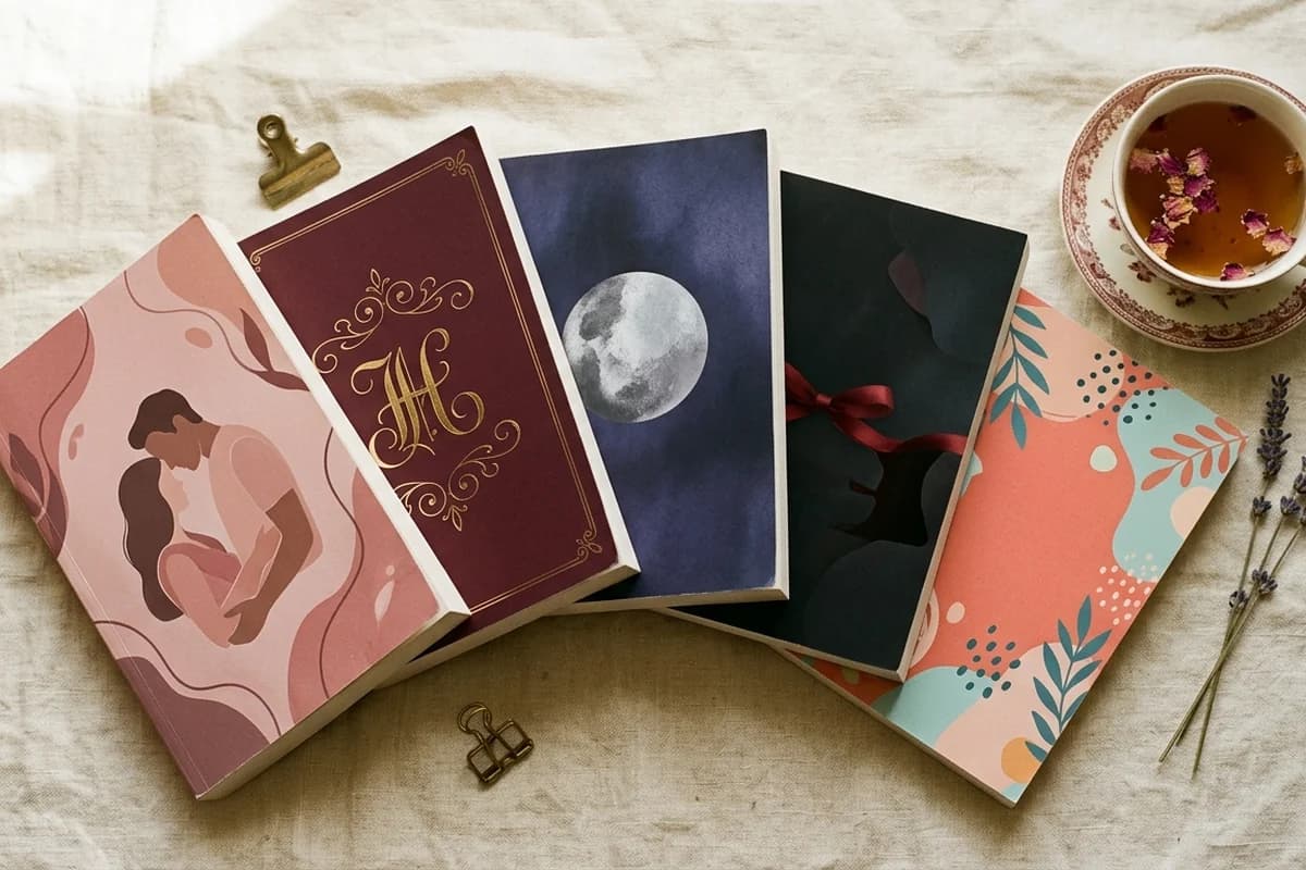 Five romance paperback covers laid out in different subgenre styles on a warm cream surface