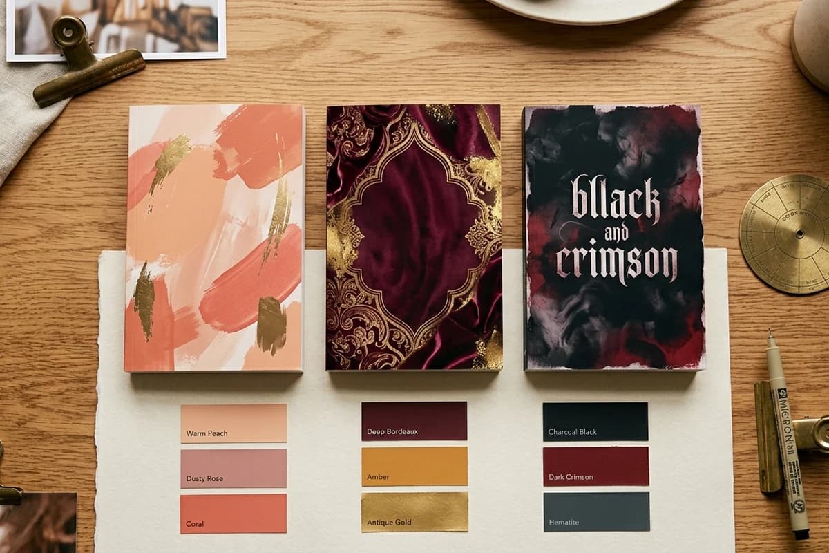 Three romance covers and their matching color palette swatches laid out on a wooden desk