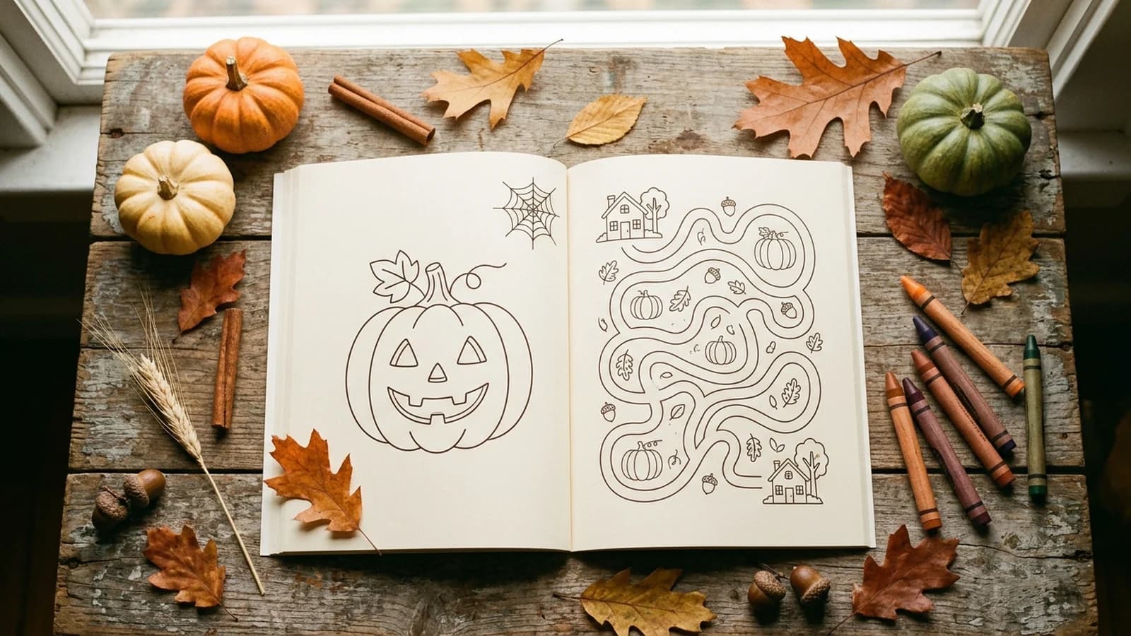 Overhead autumn flat lay with an open kids activity book surrounded by small pumpkins, dried oak leaves, a cinnamon stick and wooden crayons