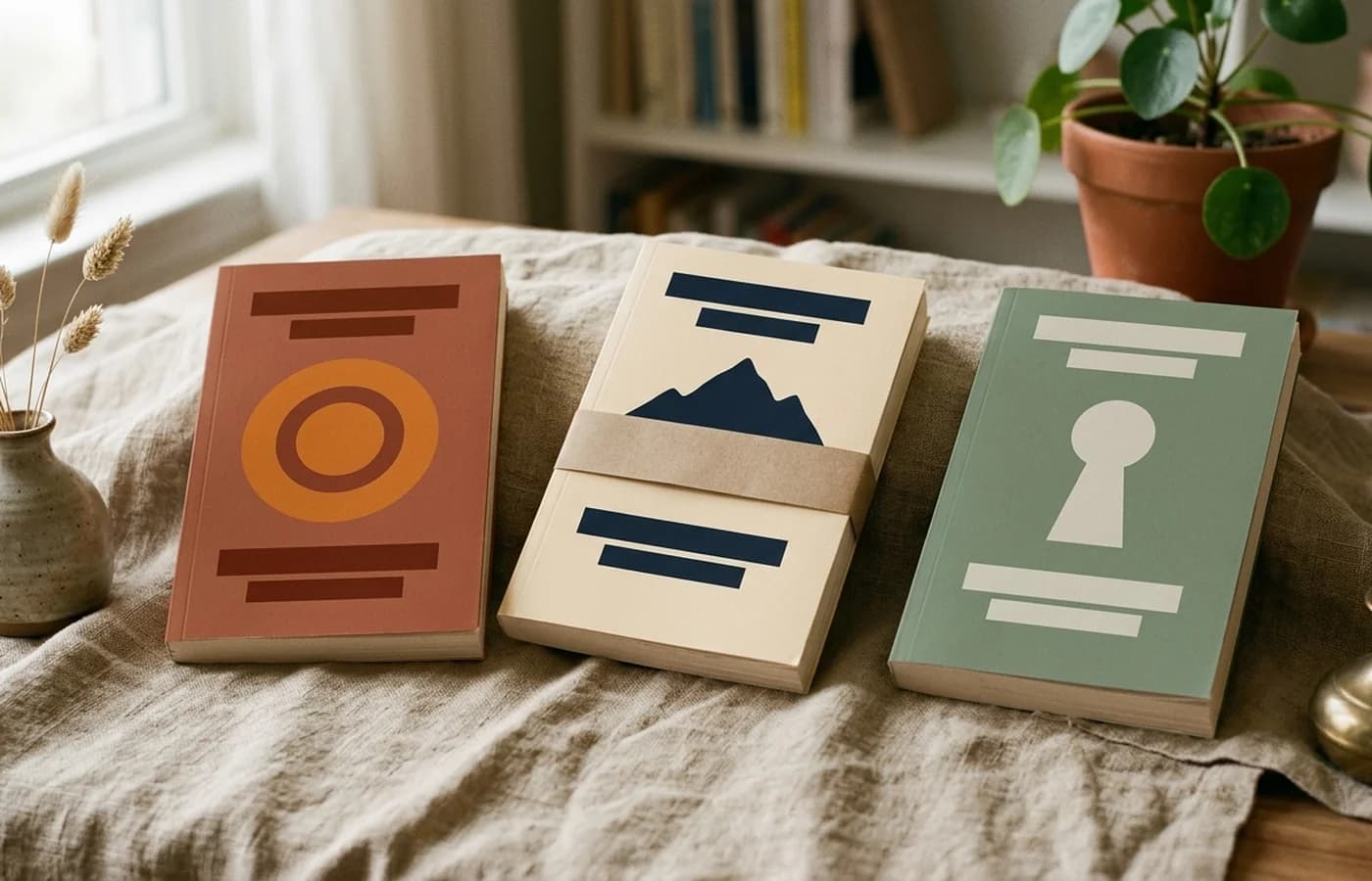 Three self-help paperback mockups with minimalist icon-led cover designs on a warm linen surface