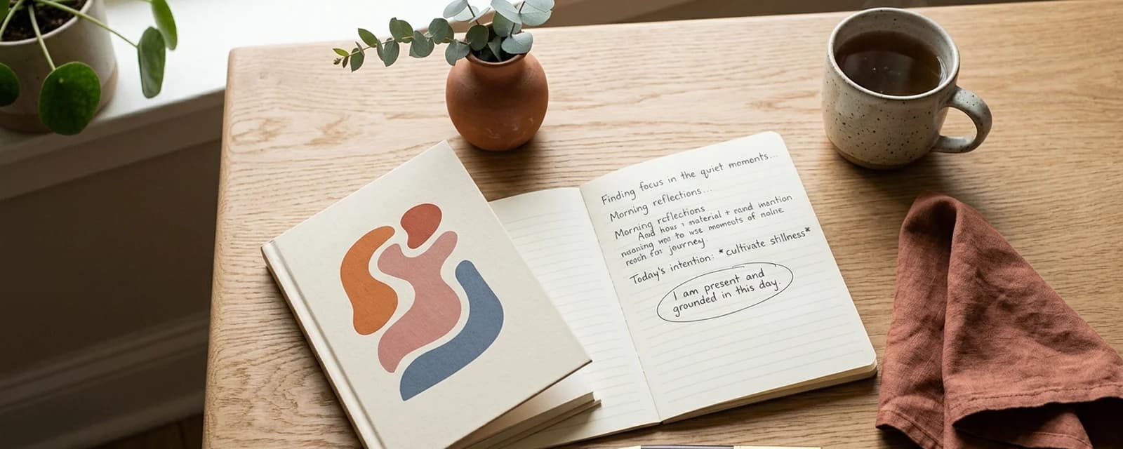 Editorial flat lay of a calm self-help reading setup with an open paperback, lined notebook, tea, and a sprig of eucalyptus on a warm oak desk