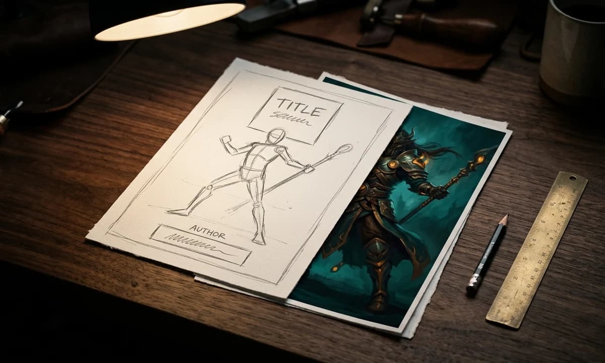 Editorial photograph of a hand-drawn cover layout sketch stacked over a finished painterly fantasy character study, showing the ControlNet workflow