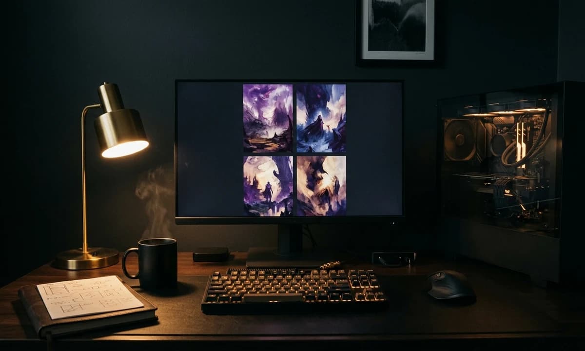 Moody editorial photograph of a power-user Stable Diffusion workstation at night with an in-progress cover grid on screen