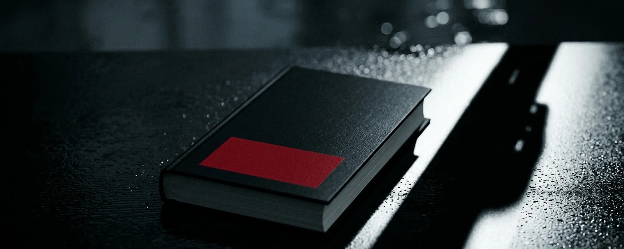 A single black hardcover thriller novel on a wet, lacquered dark surface, lit from one side by a hard shaft of cold light with a long silhouette running across the book
