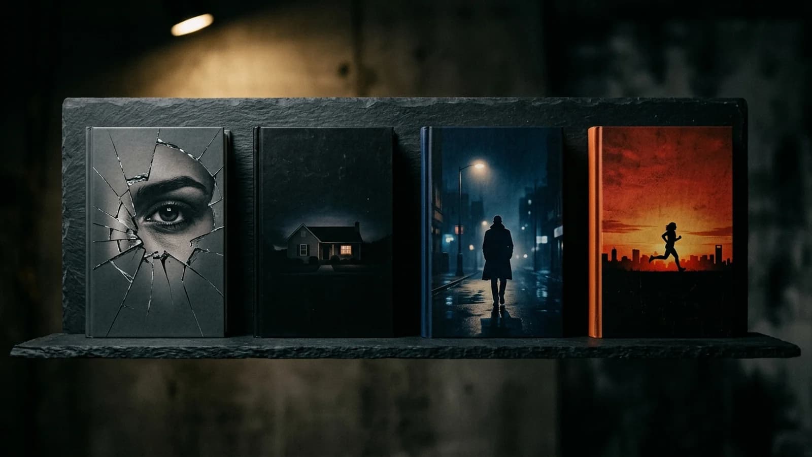 A row of four matte hardcover thriller novels on a black slate shelf, each showing a different sub-genre: a fractured mirror reflecting an eye for psychological thriller, a suburban house with a warm window for domestic thriller, a lone figure on a wet city street for crime noir, and a runner silhouetted against a red-orange sunset for action thriller