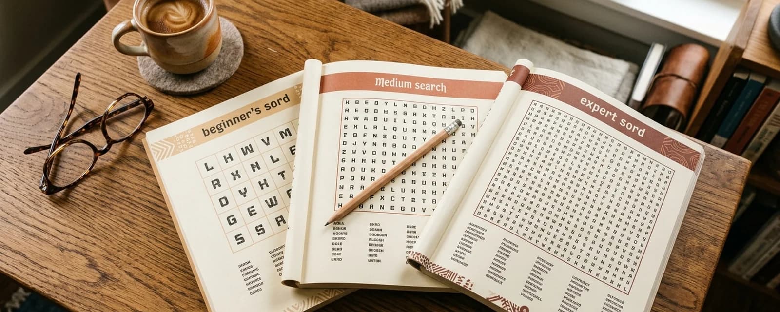Three open word search puzzle books fanned on a warm wooden desk showing easy, medium, and expert difficulty grids