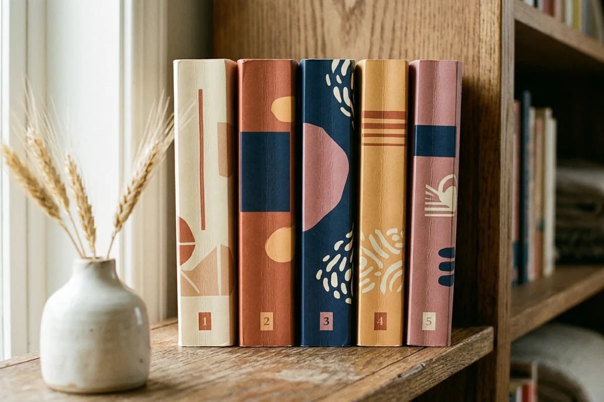 Bookshelf showing the spines of multiple paperback books in editorial colors