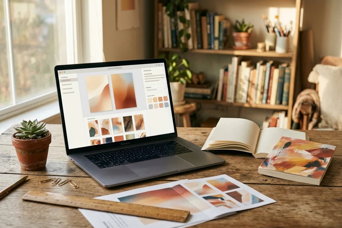 Author studio desk with a laptop showing a clean book cover layout app and a printed cover proof beside it in warm afternoon light.