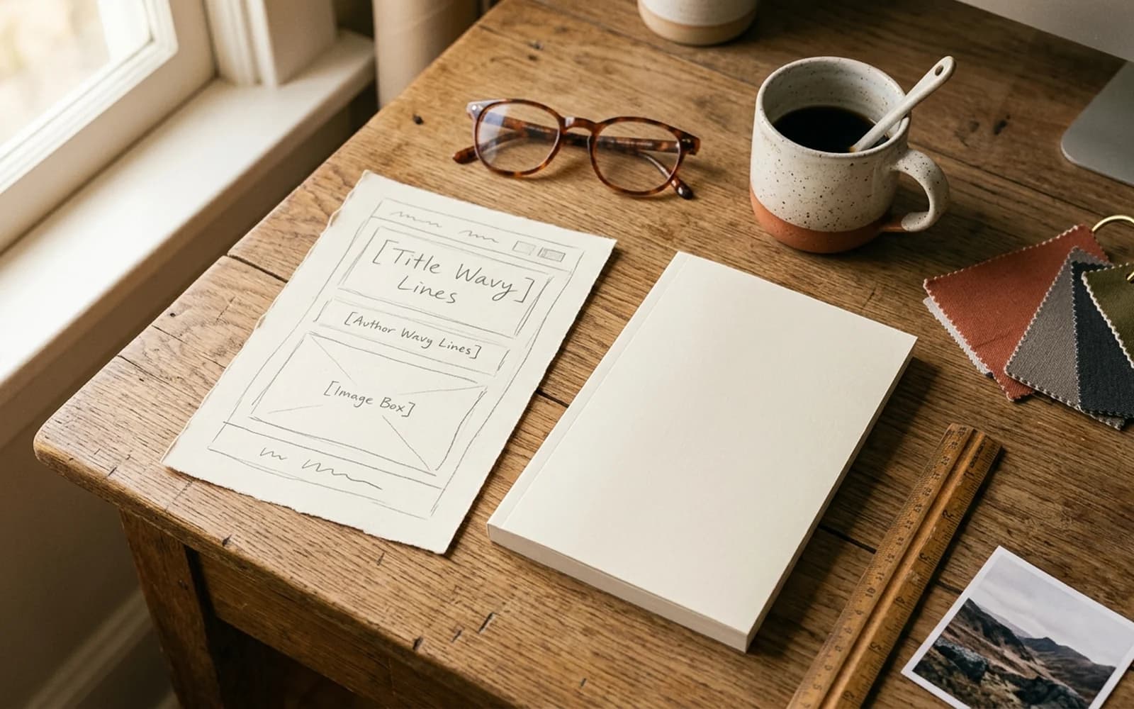 Hand-sketched book cover layout next to a printed proof copy on a designer's wooden desk in warm afternoon light