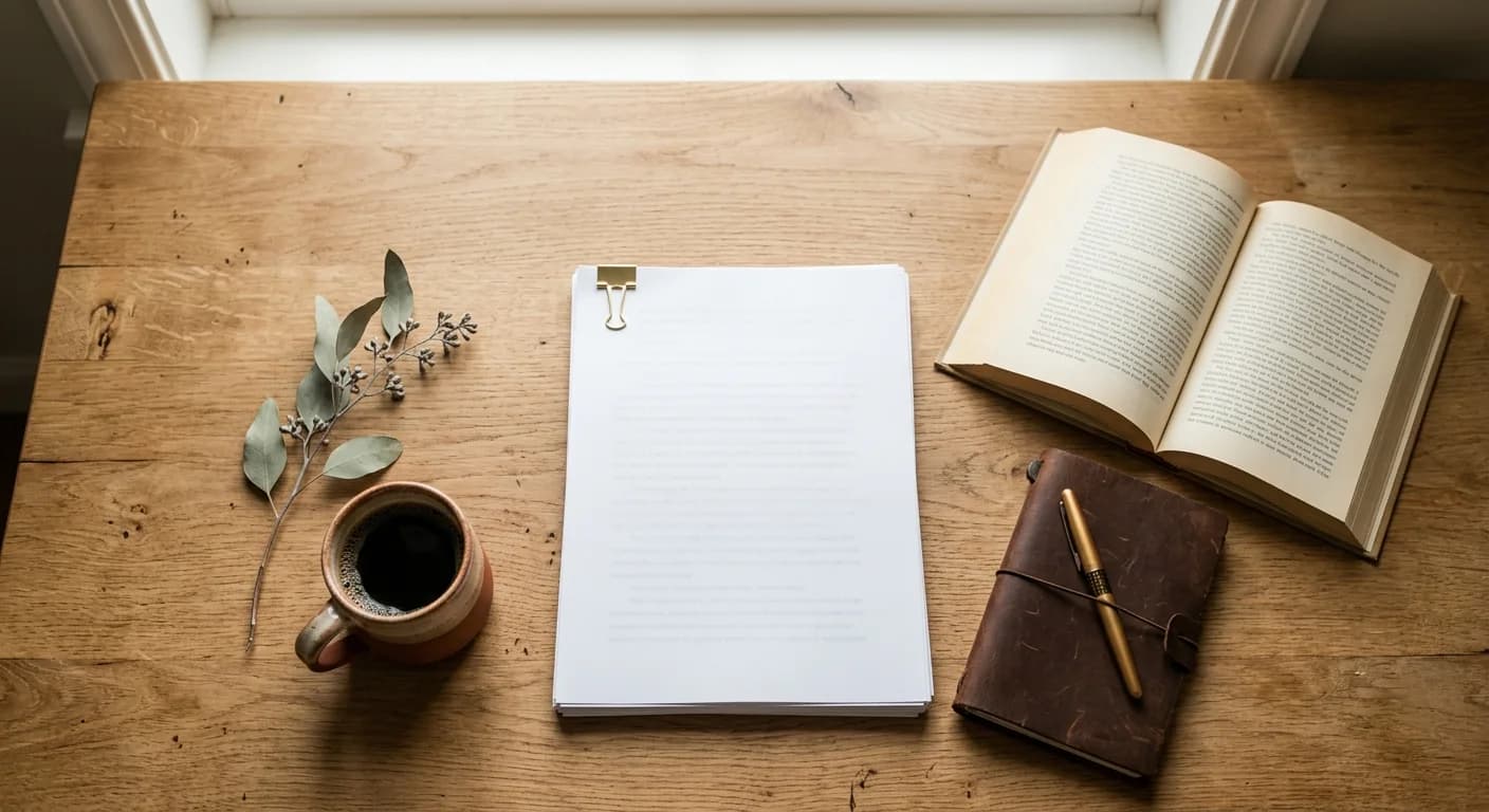 Manuscript draft, leather notebook, open hardcover novel, and a stoneware mug on a warm oak desk in soft window light