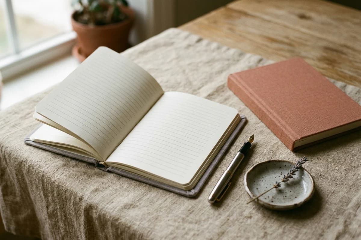 A small 5.06 by 7.81 inch journal with blank lined pages open on a linen tablecloth, a fountain pen and dried lavender beside it - the standard KDP low-content notebook format.