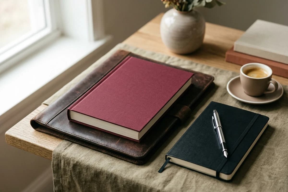 A 6.14 by 9.21 inch professional business hardcover on a leather portfolio next to a Moleskine notebook and espresso cup - the premium-feeling academic and business non-fiction format.