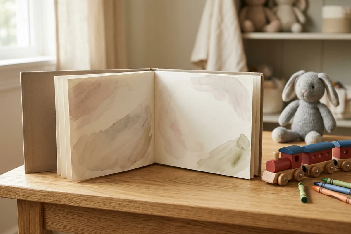 An 8.25 by 6 inch landscape orientation picture book open on a sunlit nursery table next to a wooden train and crayons - the landscape children's and photography format.