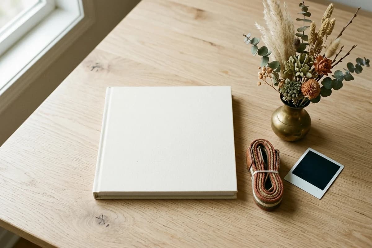 An 8.25 by 8.25 inch square coffee-table photography book on a pale oak surface with dried flowers and a Polaroid - the creative square format for photo journals and gift books.