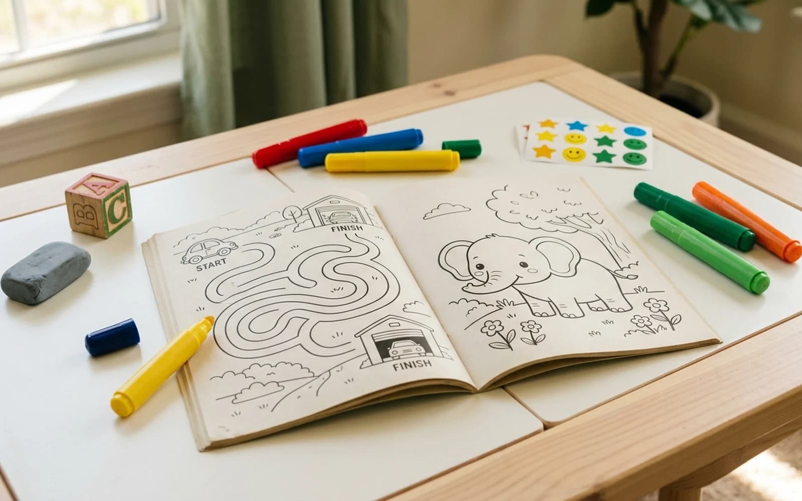 Open activity book on a sunlit play table with maze and coloring pages, chunky primary-color markers, sticker sheet, and a wooden alphabet block